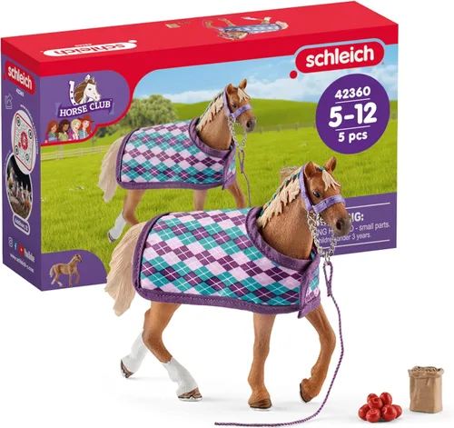 Vista 5 de Schleich Horse Club, juego de 4 piezas, juguetes de caballos para niñas y niños de 5 a 12 años de edad, pura sangre inglesa con manta