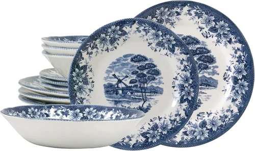Vista 20 de TUDOR ROYAL - Juego de vajilla redonda de porcelana de 12 piezas, servicio para 4, diseño azul aster, multicolor floral, platos, tazones, tazas