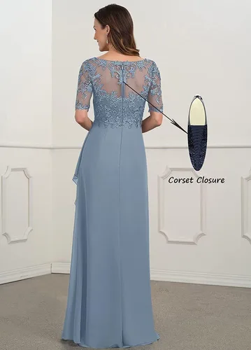 Vista 2 de Women's V-Neck Chiffon Mother of The Bride Dresses Lace Long Ruffle Prom Dress with Half Sleeve Formal Evening Party Gowns