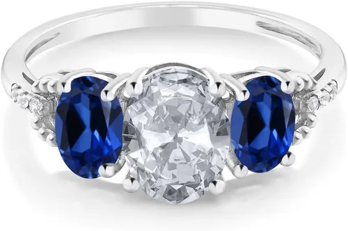 Vista 2 de Gem Stone King Anillo de compromiso de oro blanco de 10 quilates con topacio blanco y zafiro creado con diamantes y diamantes para mujer (2.35 qttw)