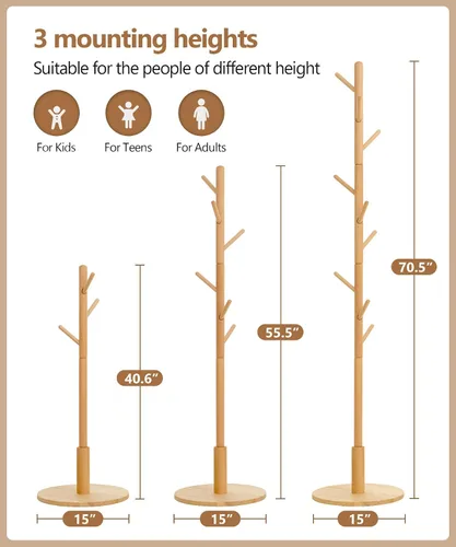 Vista 12 de Cozivolife Perchero de pie, perchero de madera con 9 ganchos y 3 alturas ajustables, abrigo de árbol de madera de haya para dormitorio, oficina