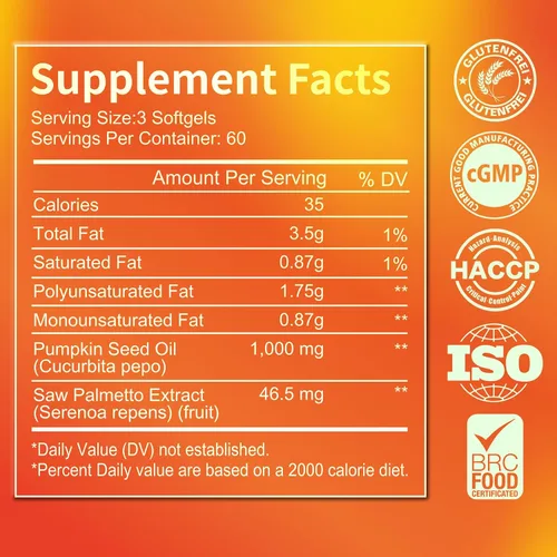 Vista 7 de Saw Palmetto con aceite de semilla de calabaza, 180 cápsulas