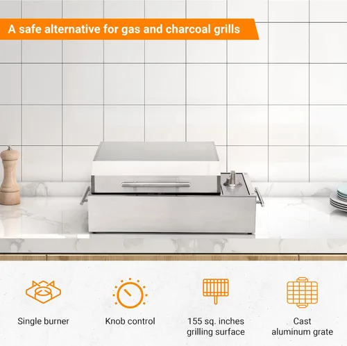 Vista 3 de Kenyon B70200 City Grill, parrilla portátil, acero inoxidable, quemador único, control de perilla, tapa facetada, aprobado por UL