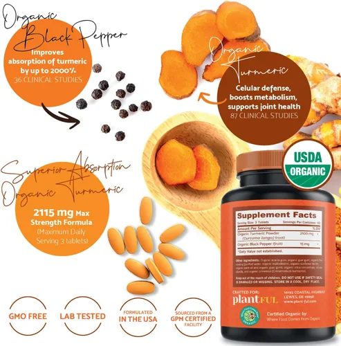 Vista 2 de Suplemento de cúrcuma orgánica con pimienta negra de la más alta potencia certificado por USDA [curcumina orgánica sin OMG 2115 mg] Antioxidante