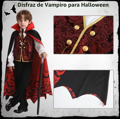 Vista 4 de Disfraz de vampiro para niños, disfraz gótico de vampiro, disfraz de Halloween, capa de disfraces, accesorios de vestimenta Conjunto de disfraz