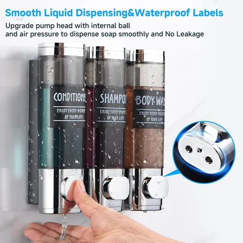 Vista 6 de Dispensador de Champú y Acondicionador, Dispensador de Ducha GlintGath de 3 Cámaras Sin Taladro, Dispensador de Champú para Ducha Montado