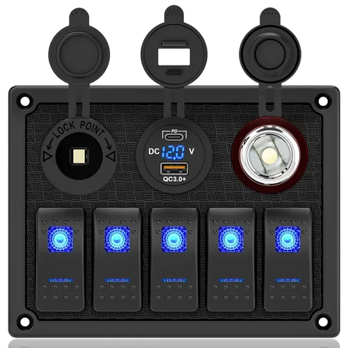 Vista 29 de Panel de interruptores de barco marino de 5 posiciones con cargador USB dual y voltímetro, panel de interruptores basculantes de aluminio