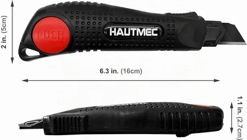 Vista 3 de HAUTMEC Cuchillo utilitario de 18 mm con agarre suave y bloqueo automático con interruptor de seguridad rojo, cortador resistente con hoja negra