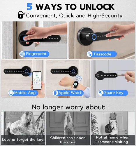 Vista 2 de eLinkSmart Cerradura de perilla de puerta de huellas dactilares, cerradura inteligente de puerta de entrada sin llave con mango de teclado