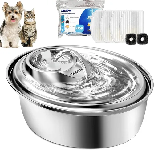 Vista 9 de ORSDA - Fuente de agua de acero inoxidable para gatos, fuente para mascotas de 2 litros para gatos en interiores, dispensador de agua para perros