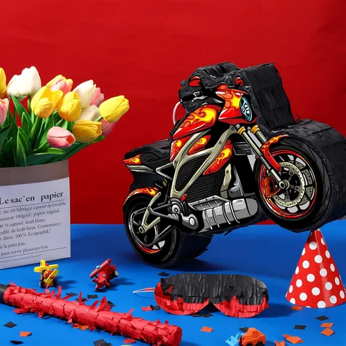 Vista 3 de Shappy Piñata de motocicleta 3D Dirt Bike Piñata con palo para los ojos vendados, decoración de cumpleaños de motocicleta roja, decoración de fiesta