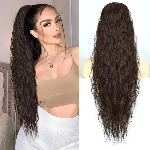 Vista 9 de Extensión de cola de caballo rubio con cordón para mujer, larga y rizada de 26 pulgadas, extensiones de cabello sintético natural, extensiones