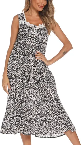Vista 2 de AVIIER Camisones de algodón para mujer, sin mangas, vestido de casa largo con bolsillos, S-XXL
