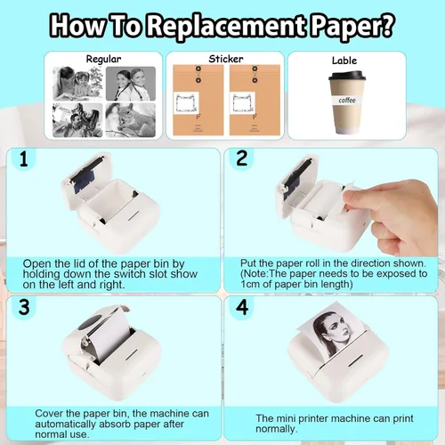 Vista 5 de 10 mini papel de impresora, 2.244 x 0.984 in, 5 rollos de papel térmico autoadhesivo imprimible y 5 rollos de papel de impresión blanco