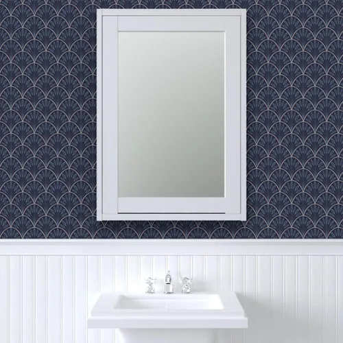Vista 9 de Spoonflower Art Deco Leaves Pre-Pasted Removable Wallpaper Sample 12" x 24" 1920 1930S Flappers Vintage Blue Navy Water-activated, simple to