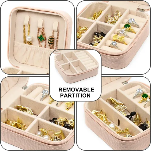 Vista 5 de Joyero pequeño, estuche portátil de viaje para anillos, colgantes, aretes, collares, organizador de pulseras, cajas de almacenamiento (rosa*4).
