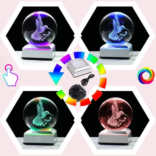 Vista 2 de Bola de cristal 3D grabada con colibrí en 3D con base LED colorida, esfera de vidrio de 8 cm, ideas para decoración del hogar y regalos para amigos