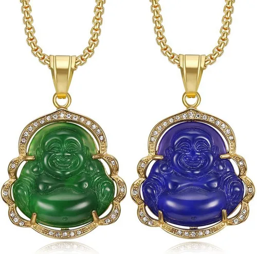 Vista 2 de COLORFUL BLING Lucky Laughing Buddha - Collar con colgante de jade verde con circonita cúbica, amuleto de piedras preciosas para mujeres y hombres