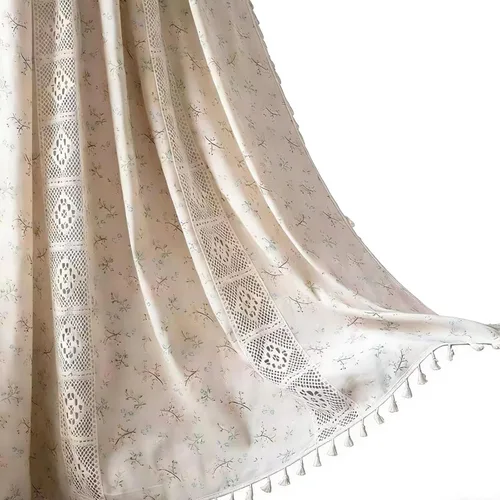 Vista 25 de Deeprove - Cortinas bohemias de 63 pulgadas de largo para dormitorio, rayas de lunares de punto hueco beige y patchwork de algodón y lino crema