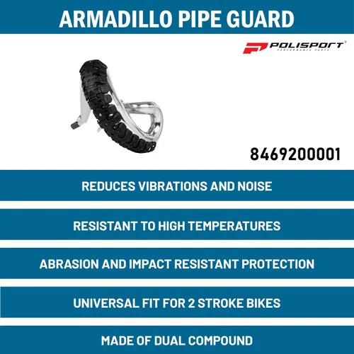 Vista 4 de Polisport Armadillo - Protector de tubería - Negro, construcción ligera de PA/ABS, ajuste universal para tubos de escape de 2 tiempos, resistente al