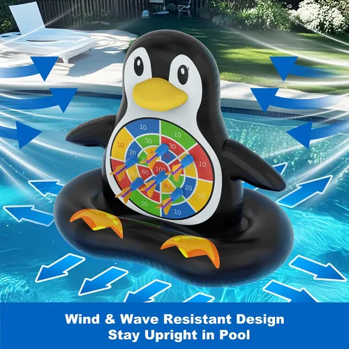 Vista 6 de MOONTOY Juguetes de piscina para niños, juego de mesa inflable de pingüino, juegos de piscina para playa y patio trasero, juguetes acuáticos