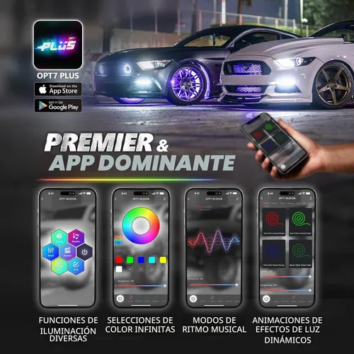 Vista 3 de OPT7 Aura PRO - Kit de iluminación LED Bluetooth de 4 piezas para rejilla Tiras multicolor de 12 pulgadas con SoundSync - Valencia de parrilla