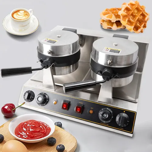 Vista 2 de Máquina de gofres belga de doble cabeza comercial giratoria de doble alerón para desayunar, cocina antiadherente, resistente, para restaurante, mini