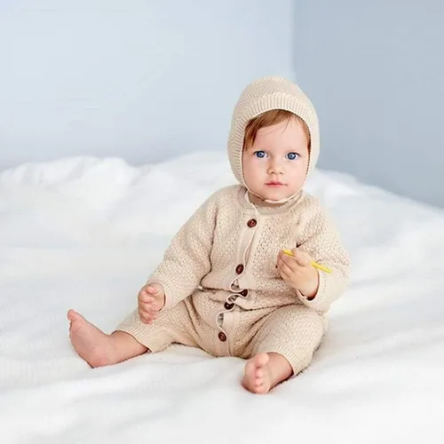 Vista 3 de mimixiong Mameluco de algodón para bebé recién nacido, ropa de punto de manga larga para niños y niñas con gorro cálido