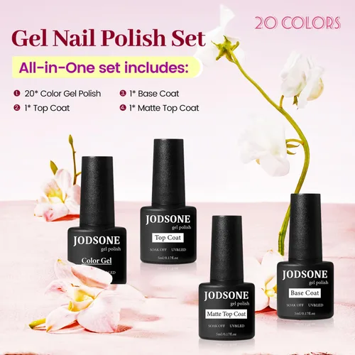 Vista 2 de JODSONE - Kit de esmalte de uñas de gel de 23 piezas, conjunto de esmalte de uñas de gel clásico de moda colorida, 3 botellas de capa base mate