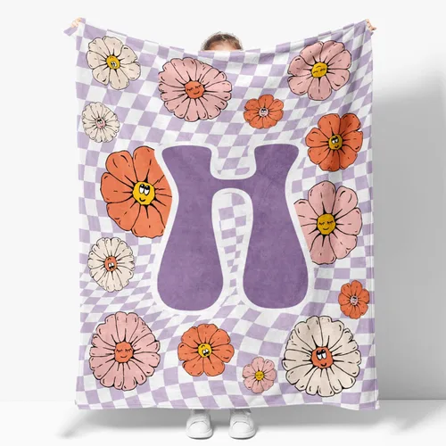 Vista 8 de Manta retro de los años 70 con inicial B floral a cuadros, groovy abstracta estética, manta de franela suave personalizada, regalos con monograma