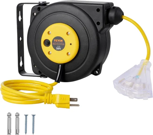 Vista 26 de VEVOR Carrete de cable de extensión retráctil, 30 pies, carrete de cable de alimentación retráctil resistente 16AWG/3C SJTOW con toma triple