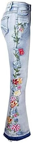 Vista 6 de Jeans acampanados para mujer, jeans bordados florales, elásticos, acampanados, talla grande, pantalones de mezclilla de pierna ancha Y2K