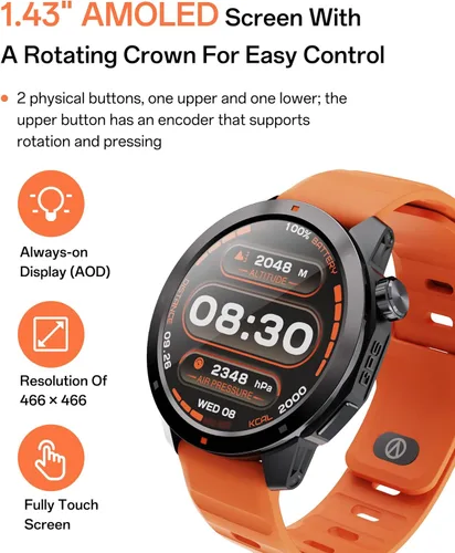 Vista 2 de AOLON Reloj inteligente GPS para hombre, 1.43 pulgadas AMOLED Smartwatch con brújula/barómetro/altímetro, monitor de frecuencia cardíaca/sueño, 30M