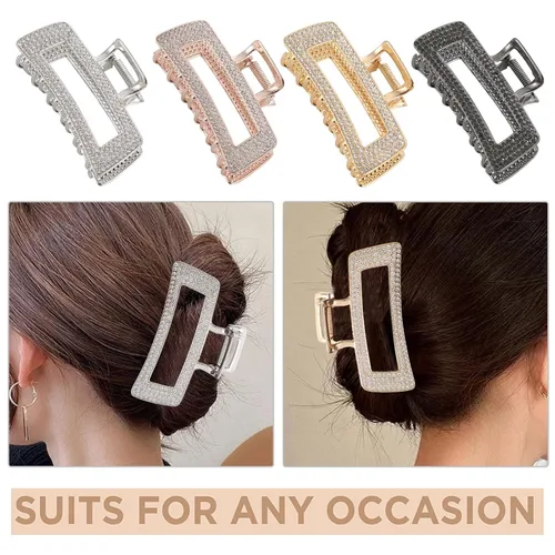 Vista 3 de WORTL Pinzas grandes de metal cuadradas de 3.5 pulgadas, paquete de 4 abrazaderas de pelo de diamantes de imitación para mujeres y más delgadas