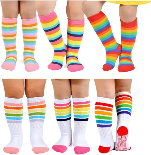 Vista 2 de EPEIUS Calcetines altos a la rodilla con rayas arco iris para bebé, medias de tubo antideslizantes, calcetines de fútbol para niños pequeños y niños