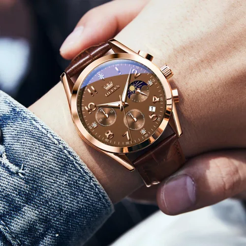 Vista 3 de OLEVS Relojes de hombre de cuero marrón con fecha, relojes casuales para hombre, relojes de cara grande para hombre, cronógrafo para hombre, reloj