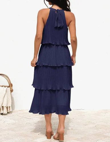 Vista 4 de Zesica Vestido de verano sin mangas, con cuello halter y volantes escalonados, de gasa, con vuelo, largo por debajo de la rodilla
