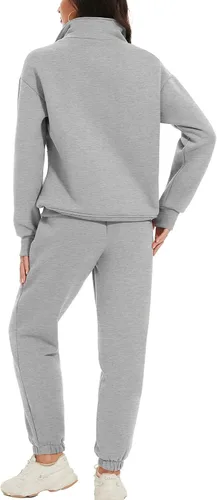 Vista 5 de PEHMEA Conjunto deportivo de 2 piezas de otoño para mujer, con forro polar, holgado, manga larga, media cremallera, cómodo conjunto de descanso