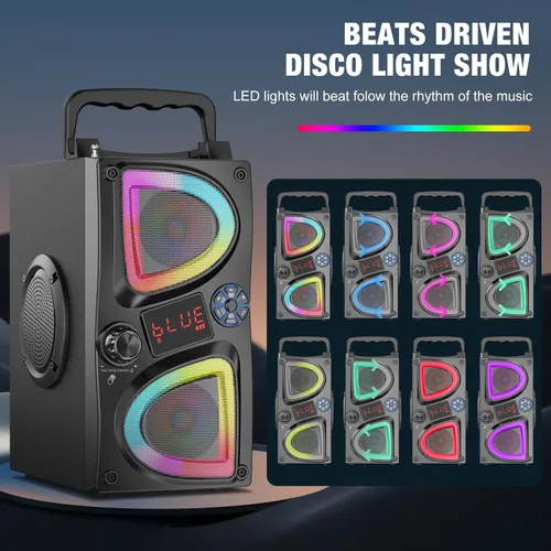 Vista 3 de Altavoz Bluetooth, 60W (Pico) Altavoces Inalámbricos Portátiles Pequeños para Fiestas en Casa con Doble Subwoofer de Graves Profundos, Radio, Luces