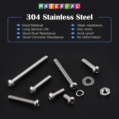 Vista 3 de Glarks 1021 tornillos de cabeza de botón M2 304 de acero inoxidable hexagonal, tornillos y tuercas arandelas kit surtido con llave hexagonal