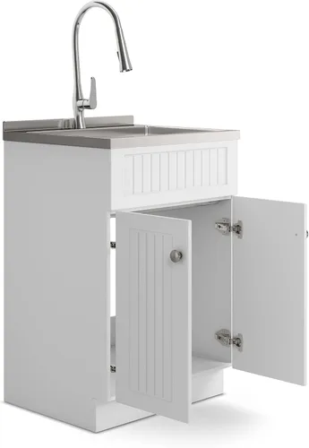 Vista 4 de SIMPLIHOME Beckham - Lavabo y armario de lavandería todo en uno de 24 pulgadas de ancho en acabado blanco puro, gabinete de fregadero de acero