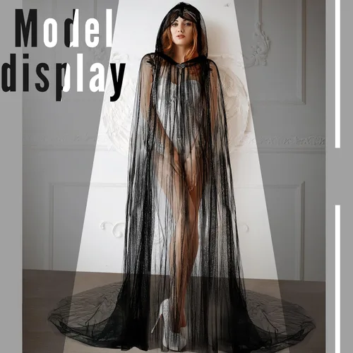 Vista 7 de Hercicy Capa de encaje de Halloween de longitud completa con capucha, capa gótica de bruja transparente para cosplay, disfraz de vampiro, boda