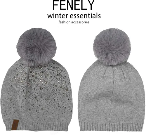 Vista 5 de Gorro de invierno para mujer con pompón de piel sintética cálido suave con diamantes de imitación para mujer