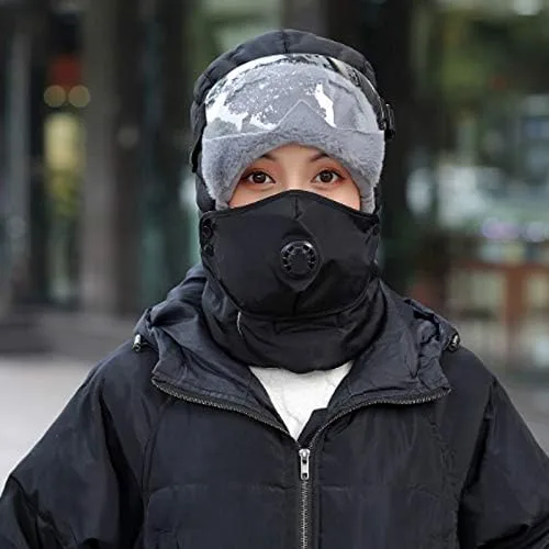 Vista 4 de Felite Fnn Unisex Winter Sports Warm Faux Fur Ushanka Trapper Hat Trooper Russian Hat with Glasses Mouth Cover Ear Flaps