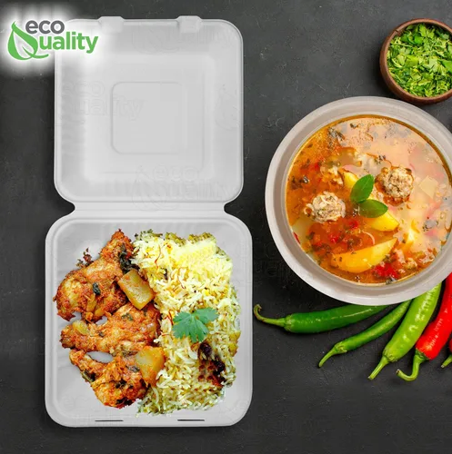 Vista 8 de Contenedor de comida cuadrado compostable con bisagras para llevar, 9 x 9 x 3 pulgadas, contenedores desechables de calidad resistente, con un solo