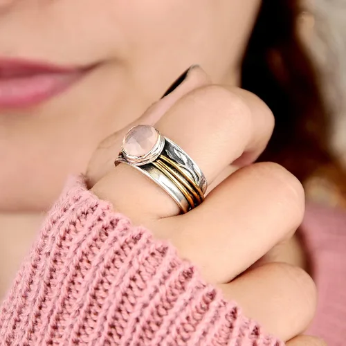 Vista 2 de Boho-Magic - Anillo giratorio de plata de ley 925 con hoja de cuarzo rosa para mujer piedras preciosas rosadas