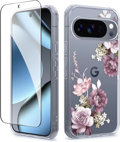 Vista 12 de GVIEWIN Funda para Google Pixel 10a con protector de pantalla, protección contra caídas de grado militar, no amarillenta, transparente, floral
