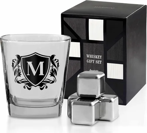 Vista 15 de Regalos de whisky para hombres, vaso de whisky con inicial personalizada con piedras de whisky para papá, novio, mejores amigos, compañeros