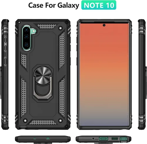 Vista 7 de Funda para Samsung Galaxy Note 10, Note10 con protectores de pantalla HD, soporte de anillo de metal de grado militar con soporte de anillo de Negro
