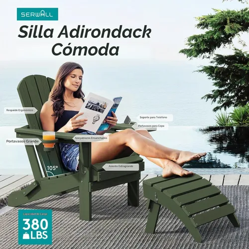 Vista 6 de SERWALL Juego de 4 sillas Adirondack para exteriores con portavasos, aguacate Palta